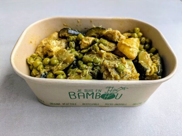 Tajine de poulet, courgettes, petits pois et citron confit