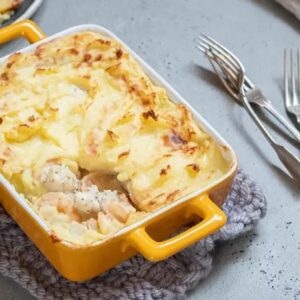 Gratin de fruits de mer et poisson blanc, riz