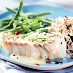 Filet de lieu noir au citron, haricots verts et quinoa