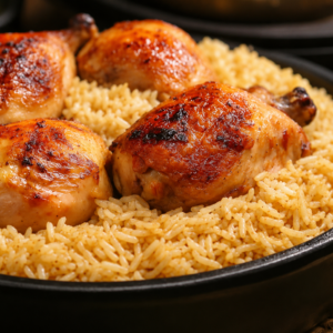 Cuisse de poulet rôti et riz au jus