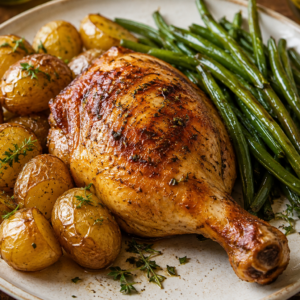 Cuisse de poulet rôti, pommes grenaille et haricots verts