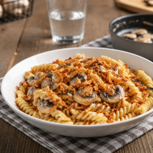 Pâtes sauce aux champignons, parmesan et oignons frits